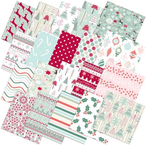 HunnmingRe 20 Pcs 10''x10'' Pastel Christmas Quilting Fabric Square Pink Green Precut Quilted Fabric Bundle Reindeer Xmas Tree Sewing Material for Winter Patchwork Scrapbook Junk Journal DIY Craft