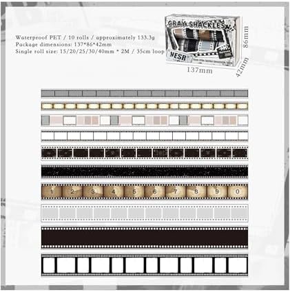 Vintage Photography Themed Washi Tape 10 Rolls - Retro Film Strip, Classic Camera & Photo Border Design for Scrapbooking, Memory Albums, Journaling, Photo Booth Decor