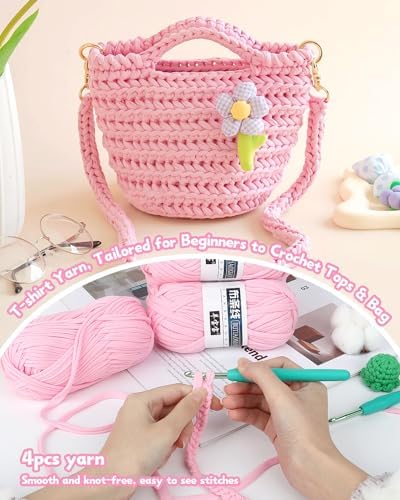 Katech 400g T Shirt Yarn for Crocheting, Elastic Fabric Yarn for Bag-Pink