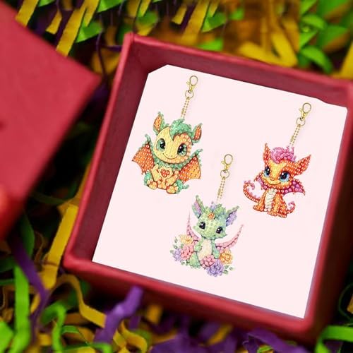 Masendp 8 Pieces Diamond Painting Keychain Cartoon Style Diamond Art Jewelry Double Sided 5D Diamond Painting Kit for Beginners Adult DIY Art Craft Gift Home Decor (Dragon)