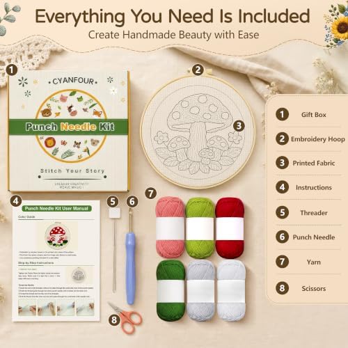 CYANFOUR Punch Needle Kit for Beginners, Mushroom Punch Needle Kits Adults, Craft Kits for Adults with 2 Pre-Printed Fabrics, Embroidery Hoop, Threads, DIY Gift and Home Decor 20 * 20cm