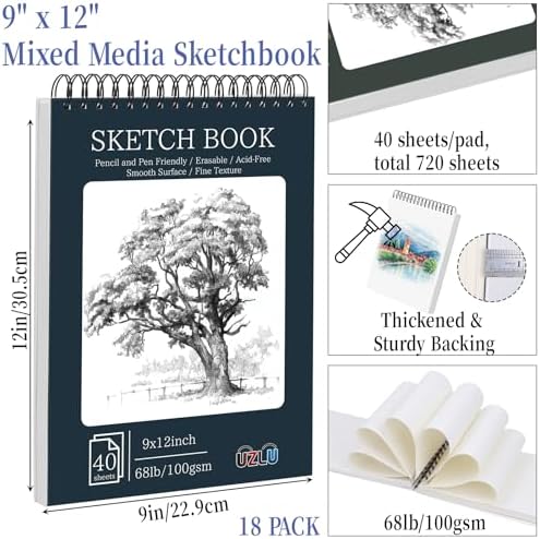 18 Pack Sketch Books Bulk 9x12 Inch Large Top Spiral Bound Sketch Pads 720 Total Sheets 6-Color Sketchbook 68lb/100gsm Acid-Free Drawing Paper for Students Beginners Artists Classroom Art Supplies