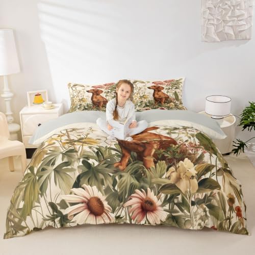 Erosebridal Dachshund Duvet Cover Queen Size Wildflowers Bedding Set for Adults Teens Women Animal Vintage Botanical Comforter Cover Watercolor Style Bedclothes Room Decor