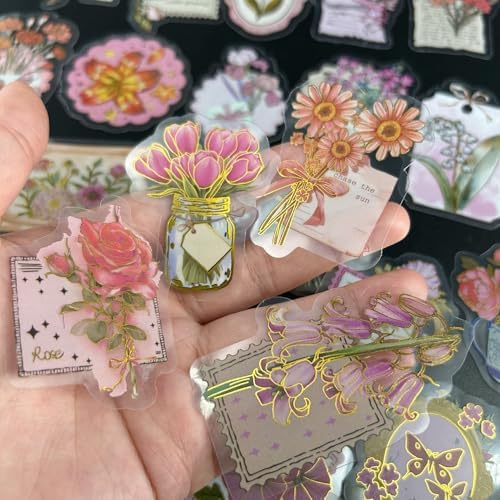 50 PCS Gold Stamp Stickers for Scrapbooking Journaling Junk Journal Scrapbook Supplies - Waterproof Transparent PET Aesthetic Decals for Resin Crafts Decorative Art Crafts (Gold Stamp)