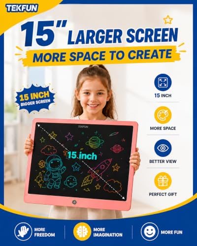 TEKFUN 15 Inch LCD Writing Tablet for Girls Ages 3–12, Large Drawing Tablet for Kids, Screen-Free Writing Pad for Learning Quiet Time, Creative Christmas Gift for 3 4 5 6 7 8 Year Old Girl (Pink)