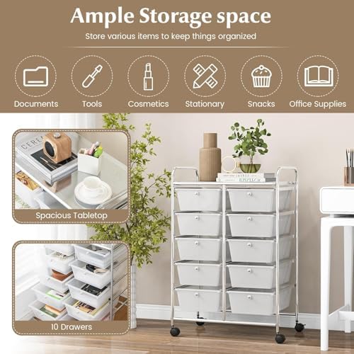 LDAILY 10 Drawer Rolling Cart, Storage Cart Organizer on Wheels, Drawer Cart with Metal Frame & Large Storage Capacity, Rolling Cart with Drawers for Living Room Classroom, Office