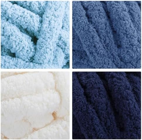 MABOZOO Assorted Chunky Yarn for Hand Knitting 8 Pack, Fluffy Jumbo Chenille Yarn, Soft Plush Yarn Bulky, Giant Thick Fuzzy Yarn for Arm Knitting,Cream & Multi Blue(31.7 yds,8 oz Each Skein)