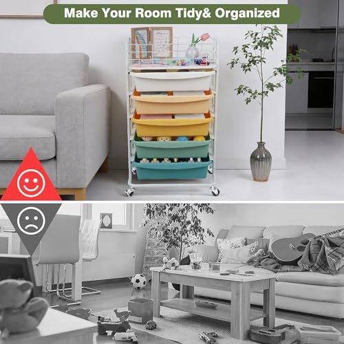 Rolling Storage Utility Cart Organizers with 5 Drawers and Metal Tabletop