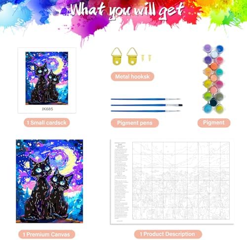 Yunnuo Paint by Numbers Kit for Adults Beginner,Two Black Cats Paint by Numbers, Starry Night Cat Number Painting Suitable for Home Wall Decoration and Gifts (16x20 Inch)