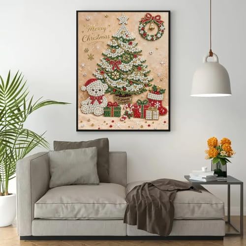 Merry Christmas Diamond Art Pearl Painting Kits for Adults, 3D Special Shape Pearl Diamond Art Kits for Adults Beginners, DIY Plastic Pearl Painting Gem Crafts for Home Wall Decor 11.8x15.7 Inch