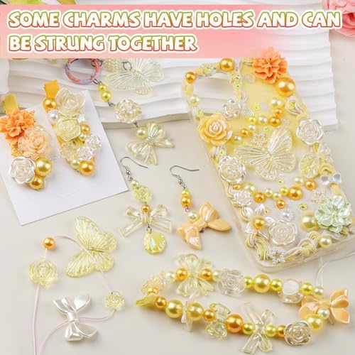 350 Pieces 3D Resin ABS Colorful Rose Flower Bows Butterfly Charms with Flatback Half Round Pearl Beads for Bracelet Earring Necklace Craft DIY Making Supplies
