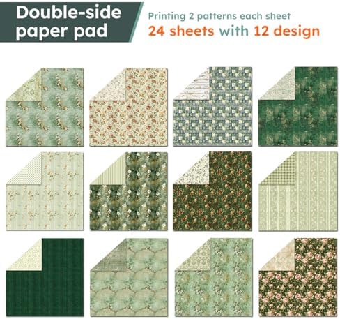 Vintage Green Scrapbooking Paper Pad - 6 Inch 24 Sheets Flowers Aesthetic Patterns for Photos Album Journals Decorative Collage Card Making Wedding DIY Crafts Gifts Wrapping Material