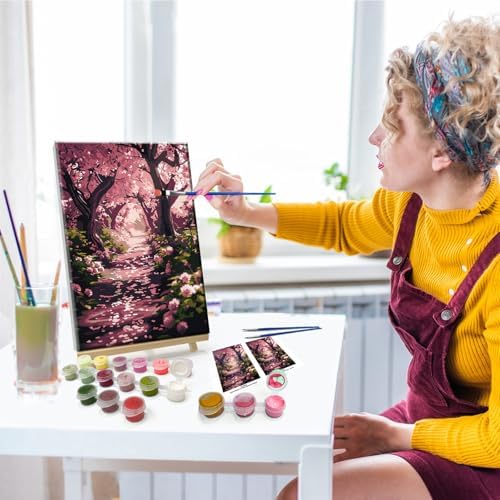 JOOZ Paint by Numbers Kit for Adults Landscape Paint by Number with Frame DIY Cherry Blossom Paint by Number with Easel Flowers Paint by Numbers Kit on Canvas for Gift Home Wall Decor 7.87x11.81 Inch