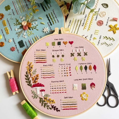 Myfilicity Embroidery Beginners Stitch Practice kit, 3 Embroidery Starter Kits, Learn 30 Different Stitching Techniques for Craft Enthusiasts to Hand-Stitch Fabric and Learn Embroidery Skills…