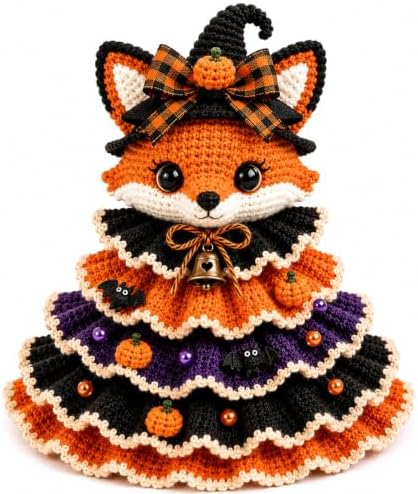 Halloween Crochet Tabletop Decor DIY Kit, Crochet Animal Halloween Tree DIY Craft Kit with Pumpkin Cow Character, Handmade Creative Holiday Craft Set for Adults, Gift for Craft Lovers，Fox