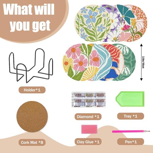 CRZMODE 8 Pcs Diamond Art Coasters Kits, Flowers Diamond Painting Coasters