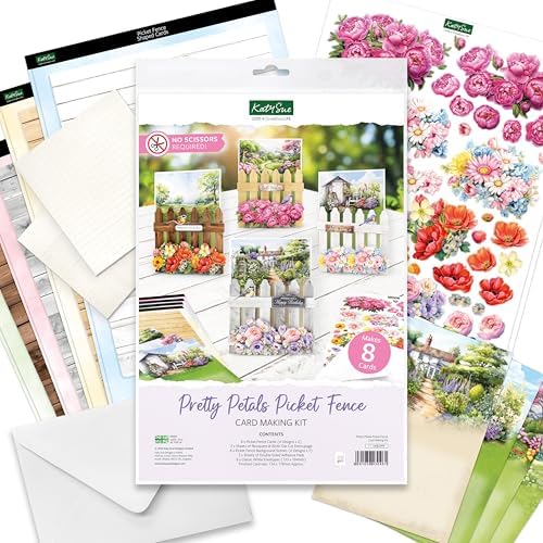 Katy Sue Pretty Petals Picket Fence Card Making Kit. Contains 8 Shaped Cards, 2 Sheets of Die Cut Decoupage, Foam Pads, 8 Envelopes & Instructions. for Card Making Supplies & Card Crafting