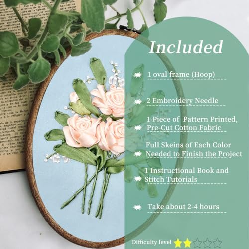 FONNUY Ribbon Embroidery 3D Flowers Pattern Design Kit Embroidery DIY Handwork Set Oval Home Decoration (Champagne Rose)