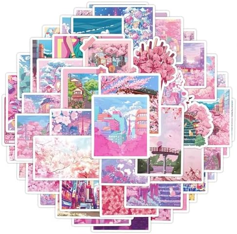 50Pcs Cherry Blossom Stickers Scrapbook, Self-Adhesive Waterproof Vinyl Sticker for Laptops, Aesthetic Decor Journal Stickers Planner Accessories for Luggage, Water Bottles