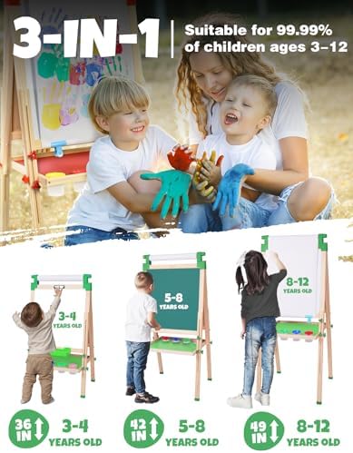Joyooss Art Easel for Kids Easels for Toddler with Paper roll Green | Wooden Chalkboard for Kids Adjustable Double Sided Dry Erase Board,Toddler Art Easels for Kid Ages 4-8
