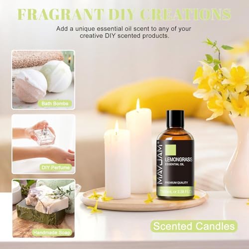 MAYJAM Lemongrass Essential Oil for Diffuser Soap Candle Making, 3.38FL.OZ