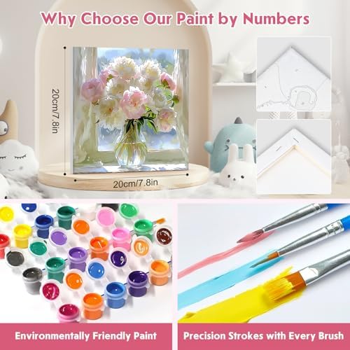 NEWENMO 4 Pack Paint by Numbers for Adults with Wooden Framed, Wildflowers in Vase, Paint by Number Kits on Canvas for Beginner, DIY Acrylic Oil Painting Kits for Home Decor 8x8 inch, Colorful Flowers