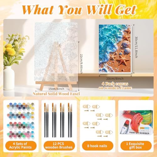 GEEHEIY 4 Pack Framed Paint by Numbers Kit for Adults, Beach, 8 x 12 Inch | DIY Acrylic Painting by Numbers for Beginners, with Wooden Easel, Coastal Wall Decor, Stress Relief Craft Gift