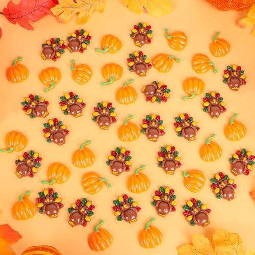 FOIMAS Thankgiving Resin Flatback Charms,50pcs Pumpkin Turkey Embellishment Resin Miniatures for Fall Thanksgiving Ornament Decoration Supply