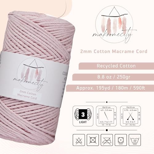 Makromecity, Cotton Macrame Cord 2mm x 195 Yards (590 feet) 2mm Recycled Cotton Crochet Yarn for Macrame Art & Crafts for Wall Hangings, Bags, Underplate, Rug (25 Colors Available) (Baby Pink)