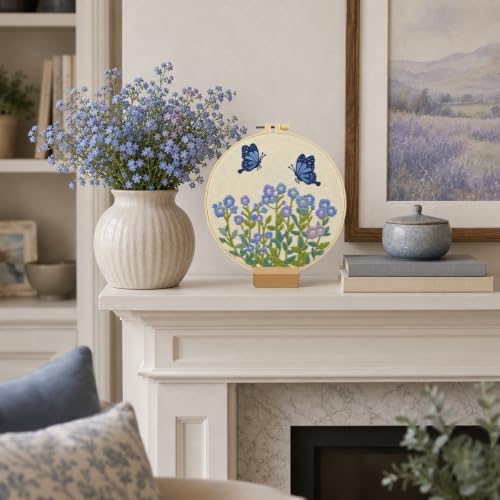 ElasignShopo Flower Embroidery Kit for Beginners Adults, Easy Cross Stitch Kit Forget Me Not Floral Pattern Embroidery Starter Kits Spring Summer with Wooden Hoop Needles Threads and Instruction