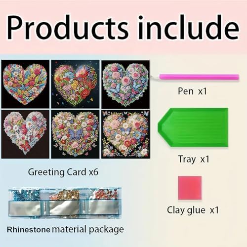 Diamond Art Cards with Envelopes–6PCS DIY Diamond Painting Greeting Cards Kit | Card Making Kit with Bling for Adults & Beginners | Birthday,Holiday & Thank You Cards (Heart Flower)