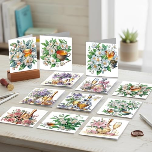 C'eitura 12Pcs Floral Drink Diamond Art Painting Greeting Card Kit with Envelopes, DIY Flower-Themed Beverage Card Making Set for Christmas Birthday Thanksgiving, Creative Handmade Card Craft