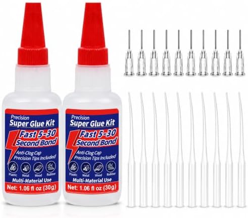 2 Pack Super Glue Kit, 2 x 1.06 fl oz Thin Liquid CA Glue, Anti-Clog Caps