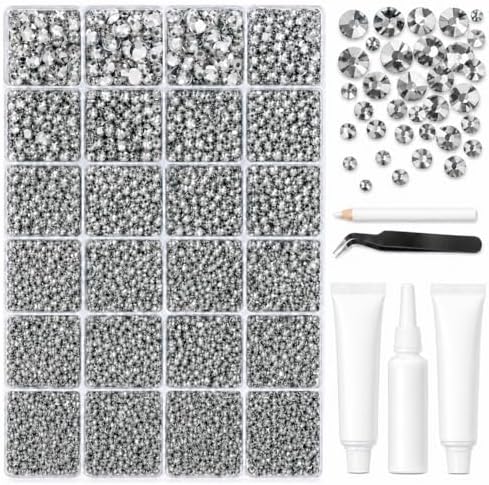 32000Pcs Clear Silver Rhinestones for Bedazzling Kit,Mix Sizes Silver Clear Flatback Gems,2,3,4,5,6MM Bedazzled Stones Crystal with Nail Glue for Crafting, Nail Art.