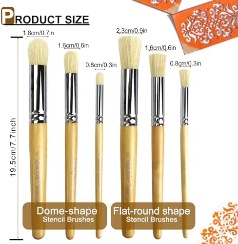Stencil Brush Set, 6Pcs Natural Hog Bristle Stencil Brushes for Painting
