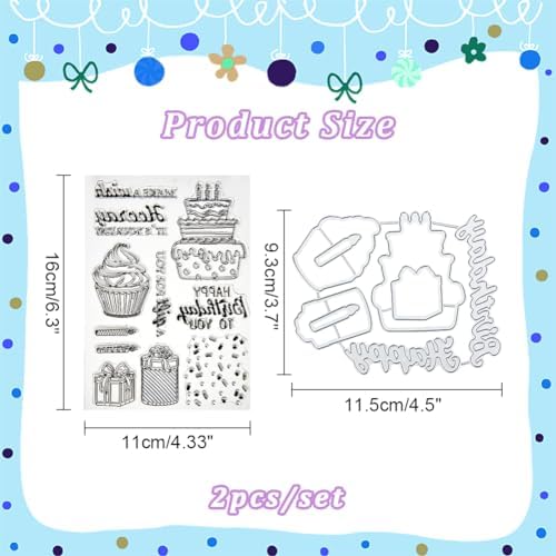 INFUNLY Happy Birthday Stamp and Die for Card Making Congratulation Die Cut Cake Silicone Stamp Metal Die Cuts Candles Banner Transparent Rubber Stamps for DIY Scrapbooking Paper Photo Album Decor