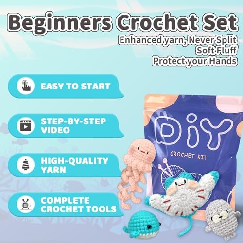 YAMAXIN Crochet Kit for Beginners – Ocean Animal Amigurumi DIY Yarn Kit with Step-by-Step Instructions, Tools & Soft Yarn – 4 Pack Crochet Kit Gift for Adults