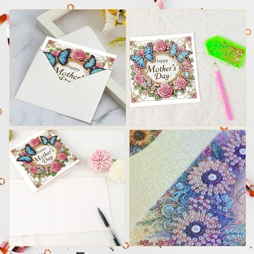Tontut 6pcs 5D Diamond Art Painting Greeting Card Kit, Butterfly Flower Adult DIY with Envelope, Special Shape Diamond Design Greeting Card Creative Birthday Holiday Gift