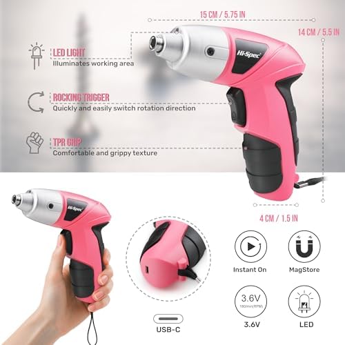 Hi-Spec Small Electric Screwdriver, Mini Drill Set, Rechargeable 3.6V Cordless Screwdriver with 26 Driver Bits, Power Tool for Small Projects & Home Use, Pink | 27pc, Speeds furniture assembly, comfortable cordless control, LED work light, USB charging...