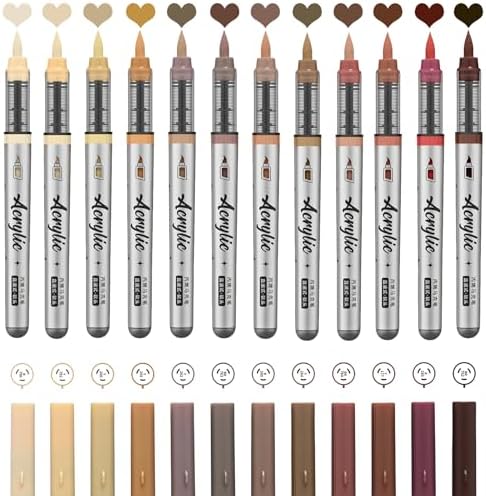 Brown Acrylic Paint Pens,12 Color Paint Pen Markers,Brush Tip Paint Pens for Rock Painting Wood Glass Ceramic Canvas Stone DIY Crafts Making Art Supplies