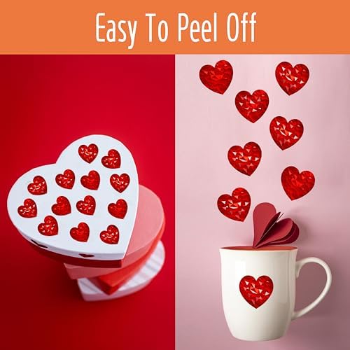 500 PCS Holographic Red Heart Stickers, Sparkly Metallic Heart Sticker Self Adhesive Waterproof Reflective Heart Stickers Love Decorative Labels for Wedding, Valentine’s Day Supplies (1”, Red)