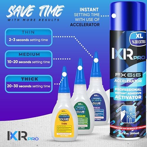 CA Glue with Activator Kit – 3 x 1.75 oz (Thin, Medium, Thick) + 16.9 fl oz Accelerator Spray, Cyanoacrylate Super Glue for Woodworking, 3D Printing, Plastic, Guitar Repair & Hobby Projects