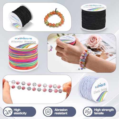 Elastic String, 3 Rolls 495 Feet, 1mm Sturdy Stretchy Cord, Elastic String for Bracelets, Beading, Necklaces, Jewelry Making (White, Black, and Rainbow)