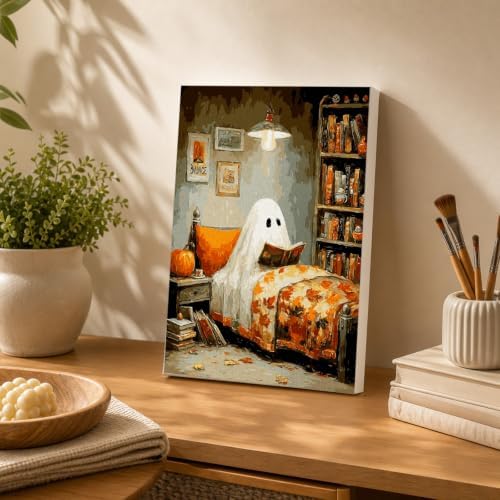 Spandrel Halloween Ghost Framed Paint by Numbers Kit for Adult, Vintage Paint by Number Kits on Canvas Ghost Reading, DIY Acrylic Oil Halloween Painting by Numbers Gifts for Home Wall Decor, 8x12in