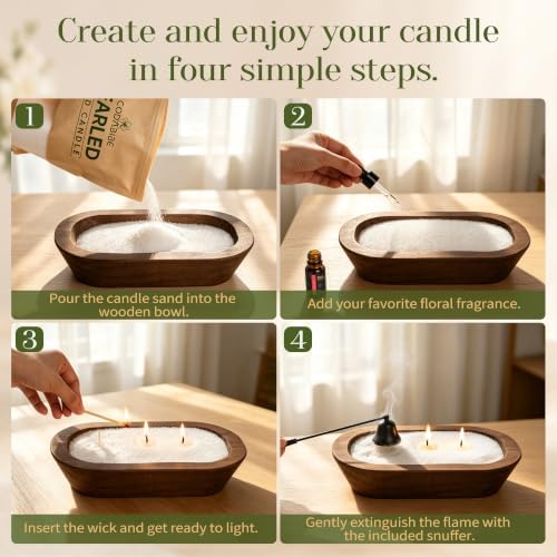 CODABIBE Scented Candle Sand Kit, 18 oz Pearl Candle Sand with 50 Cotton Wicks, 3 Floral Fragrance Oils, Wooden Bowl & Long-Handle Candle Snuffer, Gift Set for Home