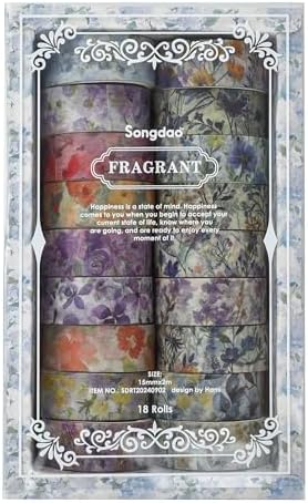 18 Rolls Blossom Washi Tape Set Floral Arts Adhesive Tapes Flowers Garden Decorative Masking Tape Set for Craft, Kids, Scrapbook, DIY, Gift Wrapping (Lavender Dream)