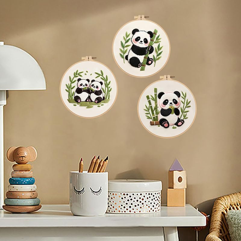 Konrisa Panda Embroidery Starter Kit for Beginners, Cross Stitch Kit with 3pcs Embroidery Pattern, DIY Sewing Project Adult Needlepoint Kit with Hoop, Set of 3