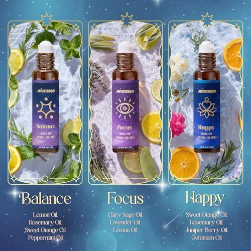 ARVIDSSON Essential Oils Roll On Set, Natural Self Care Essential Oil Blends Gift for Women - Sweet Dream, Unwind, Breahte, Balance, Focus, Happy, Aromatherapy Oil Roller for Body, Massage