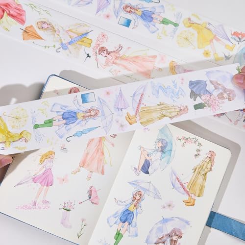 WT Pre-Cut Morning Drizzle Wide Washi Tape, Single Roll, Original Cozy Rainy Day Designs, Decorative Japanese Paper Tape for Journaling, Scrapbooking, Planner & DIY Crafts, 65mm×5m