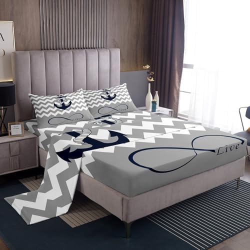 Nautical Style Bed Sheet Set Twin Size Anchor Rope Mattress Cover Modern Stripes Geometric Sheets for Boys Girls Bedroom Gray White with Flat,Fitted Sheet Pillowcase 3Pcs